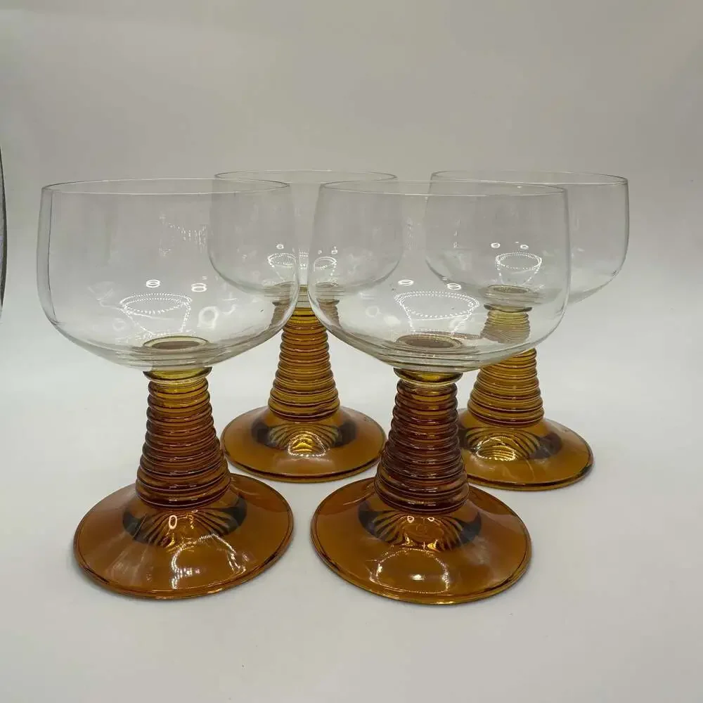 Set of 4 Vintage MCM Luminarc Roemer Amber Beehive Stem Wine Goblets 1970s